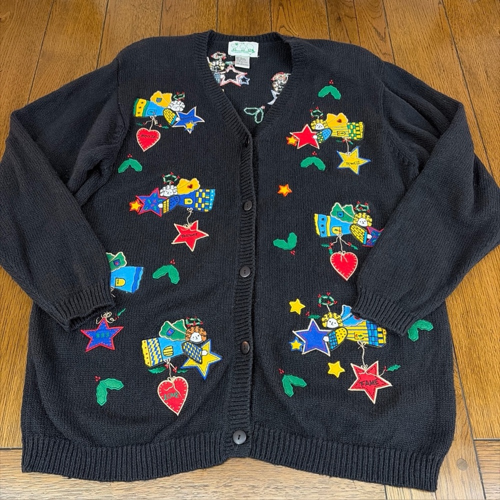 Quacker Factory Womens L Sweater Knit Cardigan Holly Stars Christmas Party Angel
